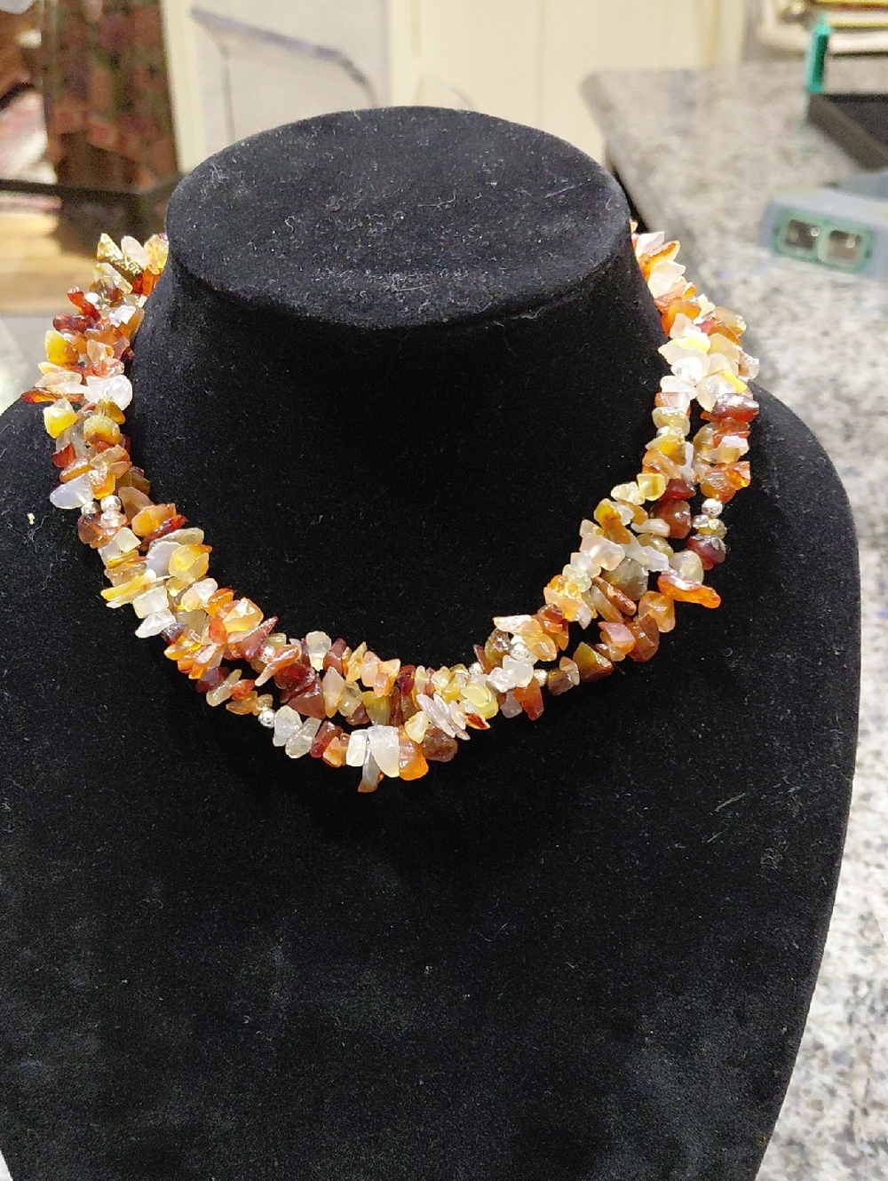 Multi-Row Carnelian and Quartz Chip Necklace in Warm Orange and Cream. Sterling.